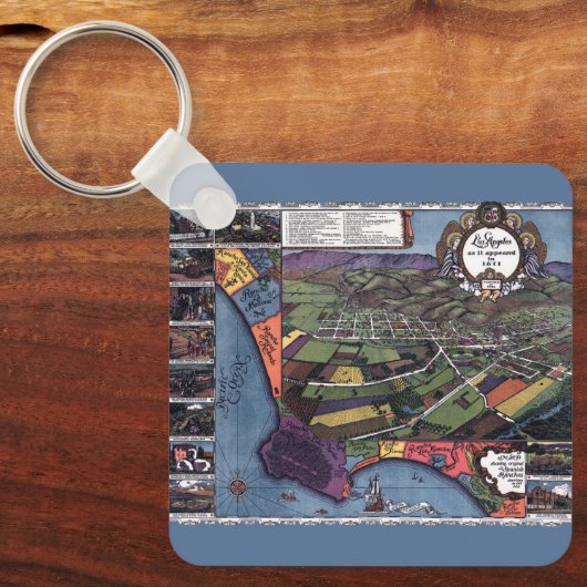 Antiek kaart, luchtstad Los Angeles Californië Sleutelhanger (Voorkant)