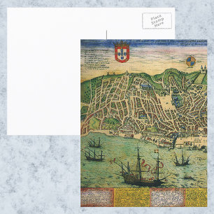 Antiek kaart, stadsplan van Lissabon, Portugal, 15 Briefkaart
