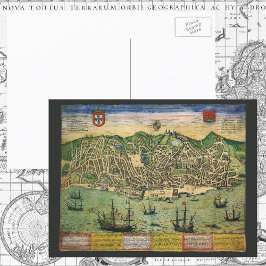 Antiek kaart, stadsplan van Lissabon, Portugal, 15 Briefkaart