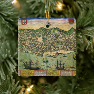 Antiek kaart, stadsplan van Lissabon, Portugal, 15 Keramisch Ornament