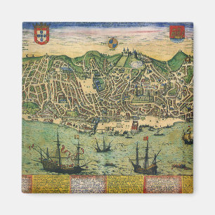 Antiek kaart, stadsplan van Lissabon, Portugal, 15 Magneet