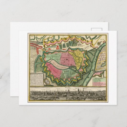 Antiek kaart uit 1730 van Gdansk, Polen, (Voorkant / Achterkant)
