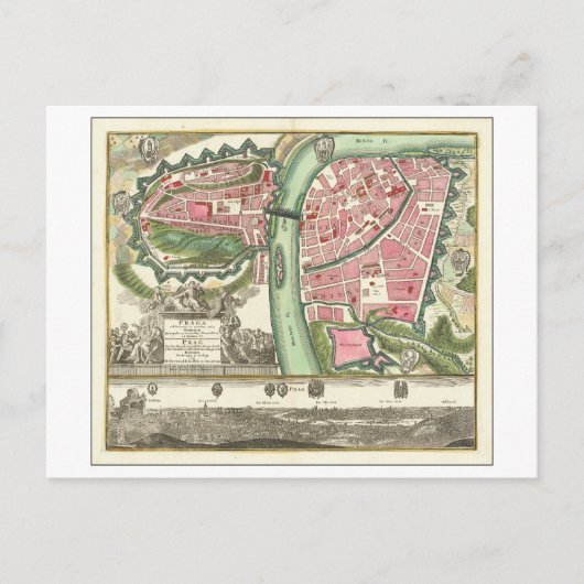 Antiek kaart uit 1730 van Praag, Tsjechië, (Voorkant)