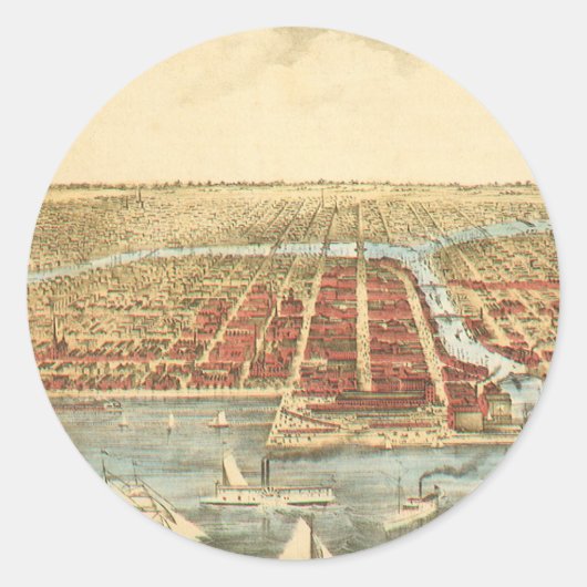 Antiek kaart van Chicago, LaSalle Street en River Ronde Sticker (Voorkant)
