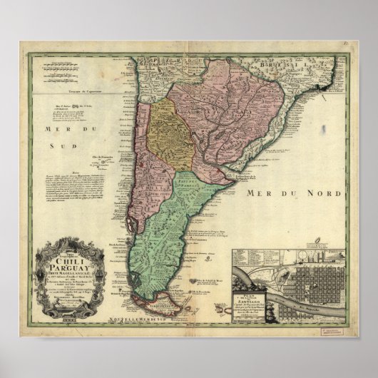 Antiek kaart van Chili en Paraguay 1733 Poster (Voorkant)