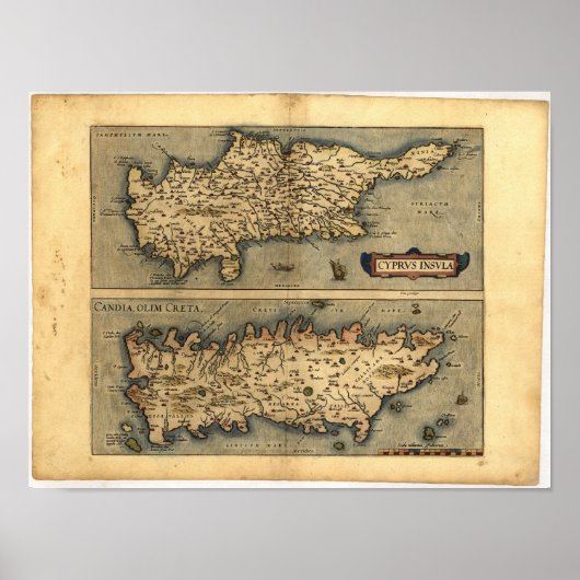 Antiek Kaart van Cyprus ORTELIUS ATLAS 1570 A.D. Poster (Voorkant)