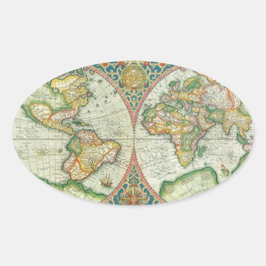 Antiek kaart van de wereld ovale sticker (Voorkant)