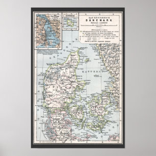 Antiek Kaart van Denemarken, Denemarken, 1905 Poster