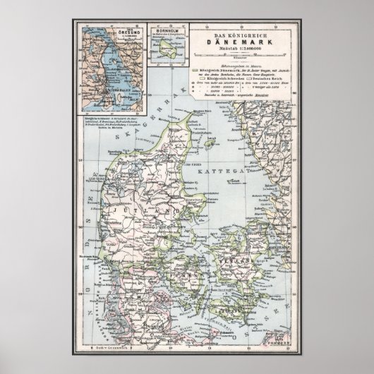 Antiek Kaart van Denemarken, Denemarken, 1905 Poster (Voorkant)