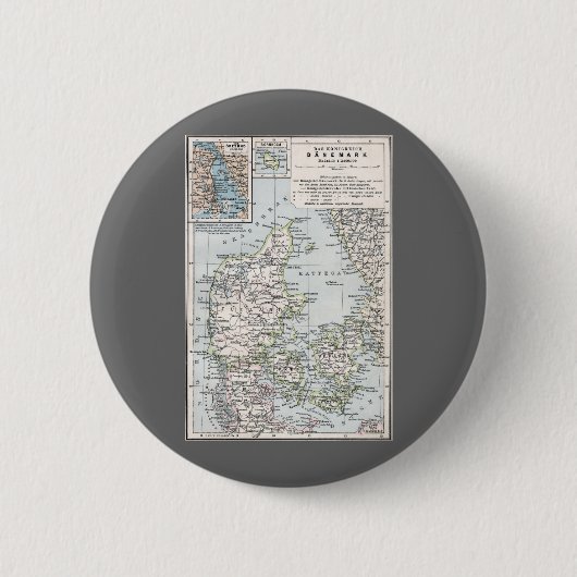 Antiek Kaart van Denemarken, Denemarken, 1905 Ronde Button 5,7 Cm (Voorkant)