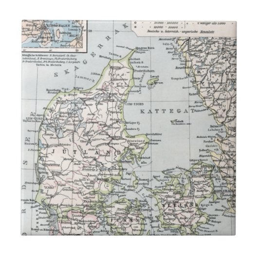 Antiek Kaart van Denemarken, Denemarken, 1905 Tegeltje (Voorkant)
