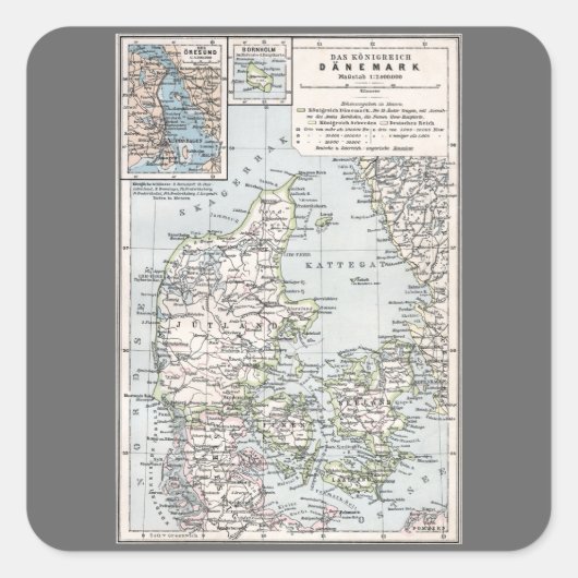 Antiek Kaart van Denemarken, Denemarken, 1905 Vierkante Sticker (Voorkant)