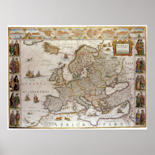 Antiek kaart van Europa door Willem Jansz Blaeu, c Poster