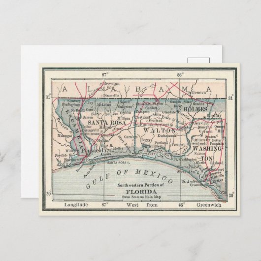 Antiek kaart van het gebied van Florida Panhandle (Voorkant / Achterkant)