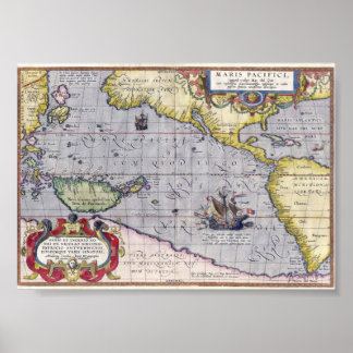 Antiek kaart van het jaar 1589 van de Stille Oceaa Poster