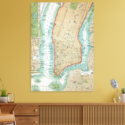 Antiek kaart van het Neder-Manhattan- en het centr Canvas Afdruk (Insitu (Woonkamer))