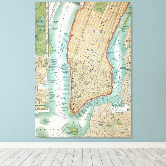 Antiek kaart van het Neder-Manhattan- en het centr Canvas Afdruk (Insitu (Houten vloer))