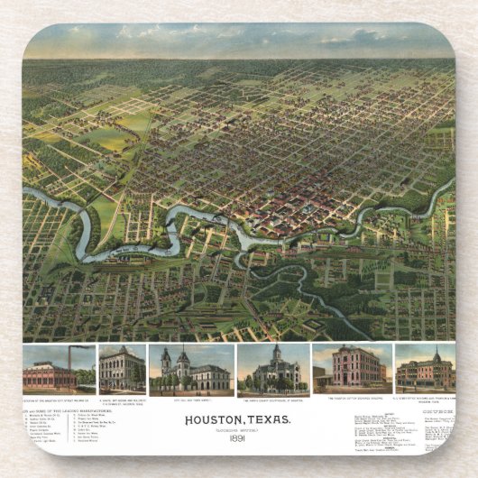 Antiek kaart van Houston, Texas met de buffelrivie Bier Onderzetter (Voorkant)