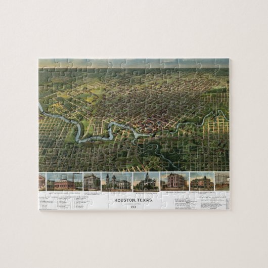 Antiek kaart van Houston, Texas met de buffelrivie Legpuzzel (Horizontaal)