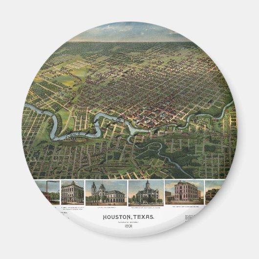 Antiek kaart van Houston, Texas met de buffelrivie Magneet (Voorkant)