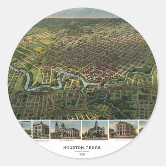 Antiek kaart van Houston, Texas met de buffelrivie Ronde Sticker (Voorkant)