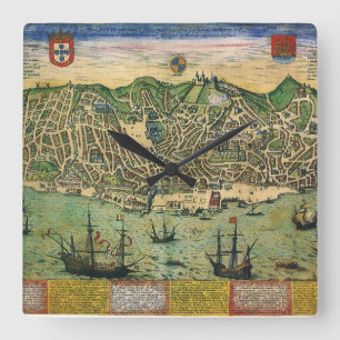 Antiek kaart van Lissabon, Portugal door Braun/Hog Vierkante Klok