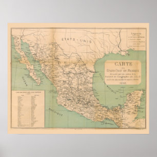 Antiek kaart van Mexico Etats Unis du Mexico Poster