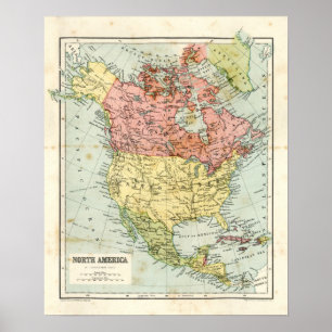 Antiek kaart van Noord-Amerika Poster