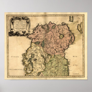 Antiek kaart van Noord-Ierland vanaf 1665 Poster