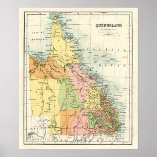 Antiek kaart van Queensland Australië Poster