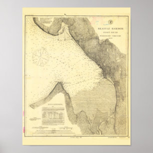 Antiek kaart van Seattle Harbour en Puget Sound Poster