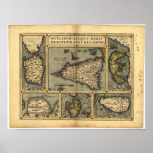 Antiek kaart van Sicilië ORTELIUS ATLAS 1570 A.D. Poster