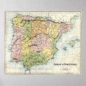 Antiek kaart van Spanje en Portugal Poster (Voorkant)