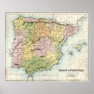 Antiek kaart van Spanje en Portugal Poster