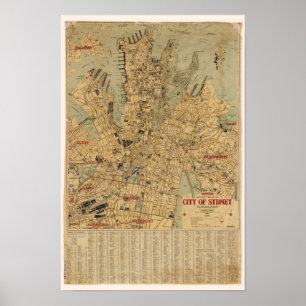 Antiek kaart van Sydney Australia Poster