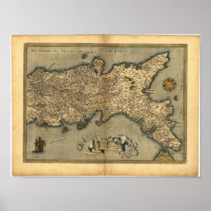 Antiek kaart van Zuid-Italië ORTELIUS ATLAS 1570 Poster