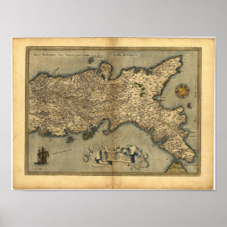 Antiek kaart van Zuid-Italië ORTELIUS ATLAS 1570 Poster