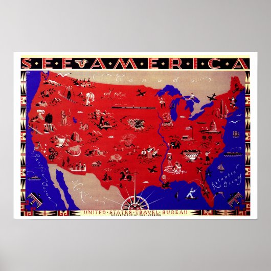  Antiek Kaart Verenigde Staten van Amerika, Vereni Poster (Voorkant)