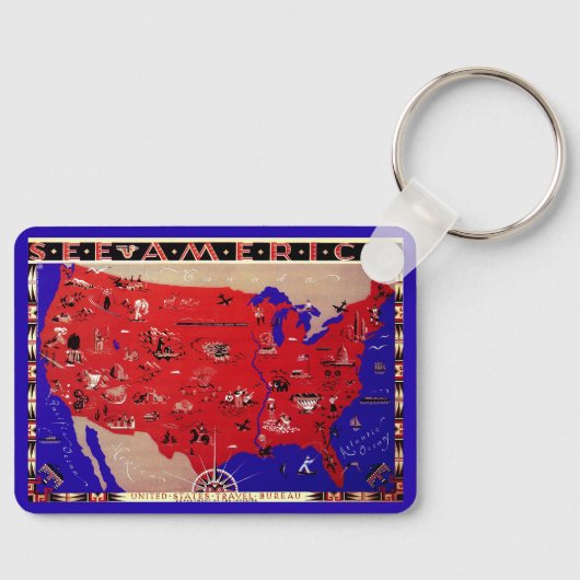  Antiek Kaart Verenigde Staten van Amerika, Vereni Sleutelhanger (Voorkant)
