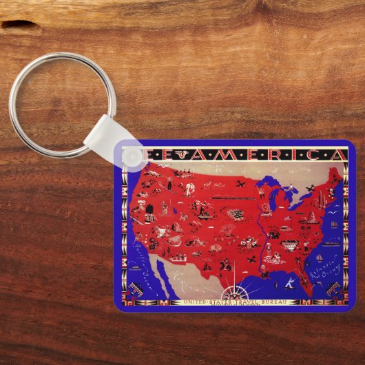  Antiek Kaart Verenigde Staten van Amerika, Vereni Sleutelhanger (Achterkant)
