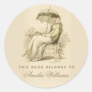 Antiek kalligrafie-exlibris Regency-meisje lezend Ronde Sticker