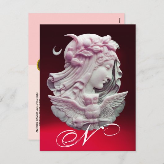 ANTIEK KAMMEO, MEERDAME NACHT MET OWL MONOGRAM FEESTDAGENKAART (Voorkant / Achterkant)