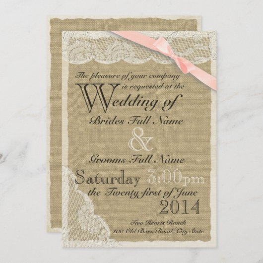 Antiek Kant Blush Bow Land Bruiloft Kaart (Voorkant / Achterkant)