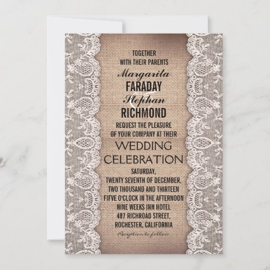 antiek kant en rustieke burlap huwelijksuitnodigin kaart (Voorkant)