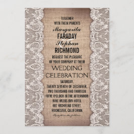 antiek kant en rustieke burlap huwelijksuitnodigin kaart