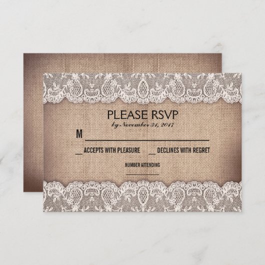 antiek kant en rustieke jute bruiloft RSVP kaarten (Voorkant / Achterkant)