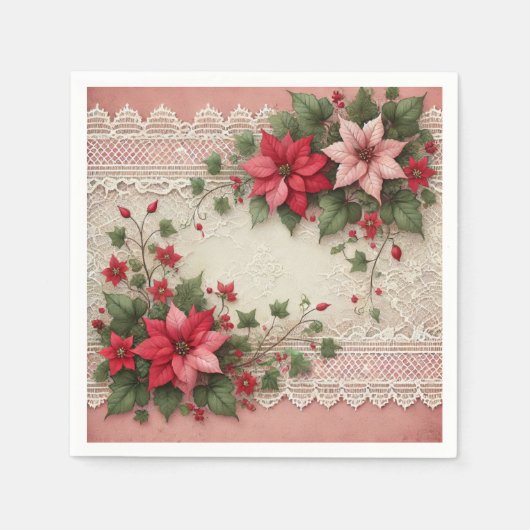 Antiek kant Floral Poinsettia Border Découpage Servet (Voorkant)