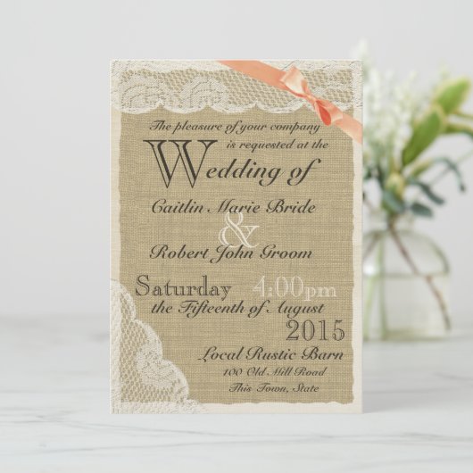 Antiek kant koraal boog land bruiloft kaart (Staand voorkant)