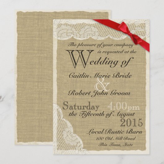 Antiek kant rode boog land bruiloft kaart (Voorkant / Achterkant)