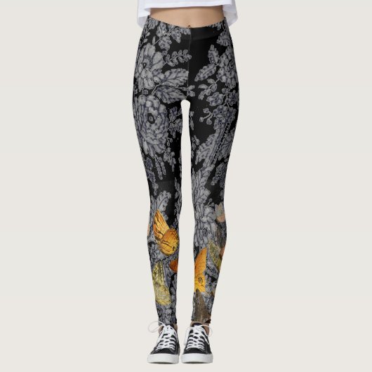 ANTIEK KANTPATROON VLINDERS ZWARTE LEGGINGS (Voorkant)